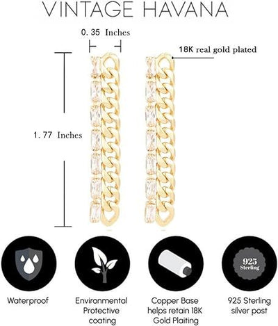 Chain Link Dangle Earrings For Women 18K Gold Plated Cubic Zirconia | 925 Sterling Silver Post | Non Tarnish & Waterproof | Gift For Her - TempleTape.com
