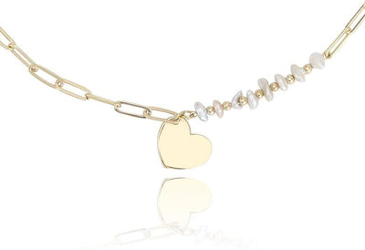 Dainty Heart Shaped Pendant Necklace Paperclip Chain 18K Gold Plated Embellished with Baroque Pearls | Non Tarnish & Waterproof | Additional 3” Extender Included - TempleTape.com