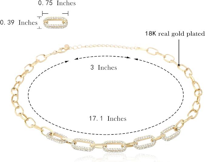 Paperclip Chain Necklace For Women 18K Gold Plated Embellished With Cubic Zirconia Stones | Non Tarnish & Waterproof | Additional 3” Extender Included - TempleTape.com