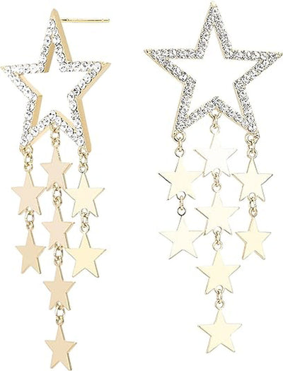Pave Star Earrings with Dangling Mini Gold Stars | 18K Gold Plated Cubic Zirconia | Drop & Dangle | 925 Sterling Silver Post | Non Tarnish & Waterproof | Gift for Her - TempleTape.com