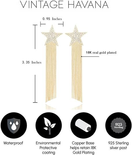 Pave Star Tassel Earrings For Women 18K Gold Plated Cubic Zirconia | Drop & Dangle | Statement | 925 Sterling Silver Post | Non Tarnish & Waterproof | Gift For Her - TempleTape.com