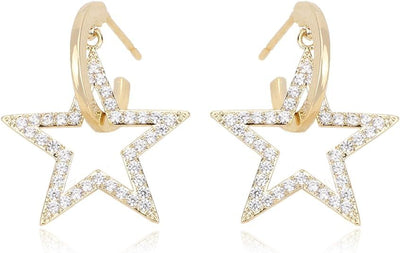 Small Gold Hoop Earrings Adorned With A Dangling Pave Star Motif | 18K Gold Plated Cubic Zirconia | 925 Sterling Silver Post | Non Tarnish & Waterproof | Gift For Her - TempleTape.com