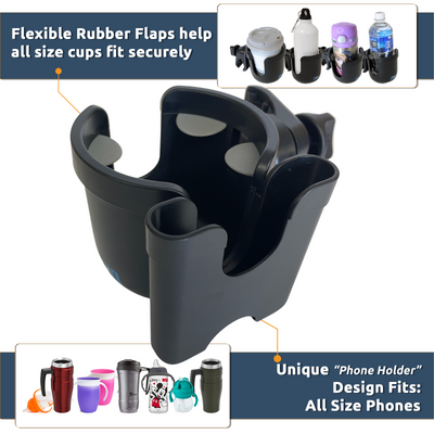 Universal Cup & Phone Holder 2 - in - 1; Mega Strength Adjustable Clamp for Any Stroller, Bike, Walker, Wheel Chair, Car, 360 Degree rotation, fit almost any phone, Large Adjustable Drink Holder For Any Size Cup, Water Bottle, Can - TempleTape.com